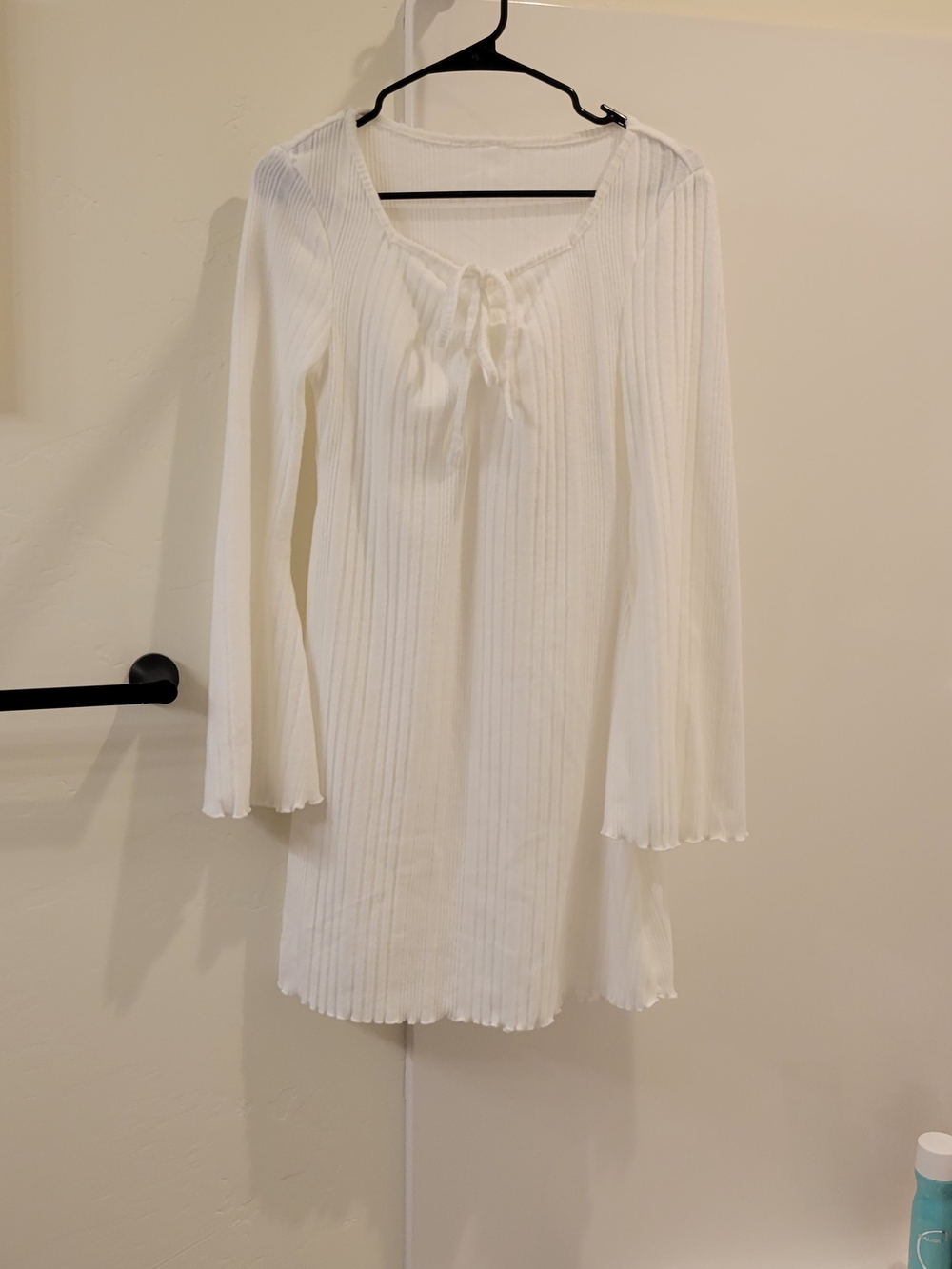 Unk White Ribbed Long-Sleeve Tie-Front Dress